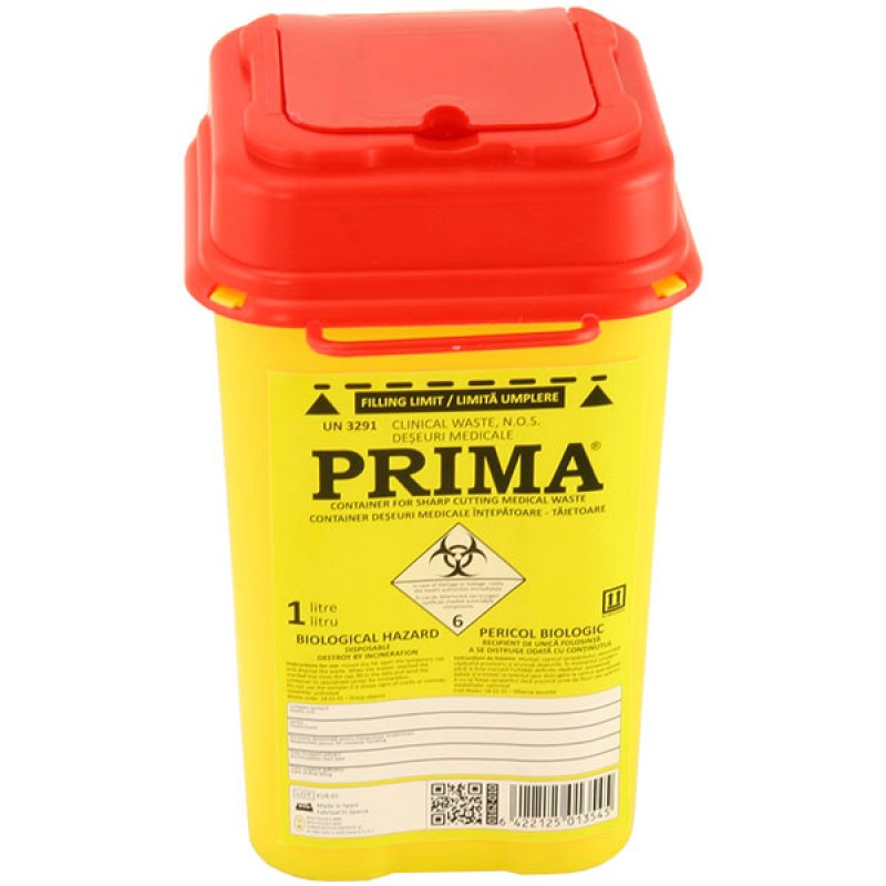 Recipient plastic pentru deseuri intepatoare, 1 litru, PRIMA, galben, unica folosinta, certificat ADR